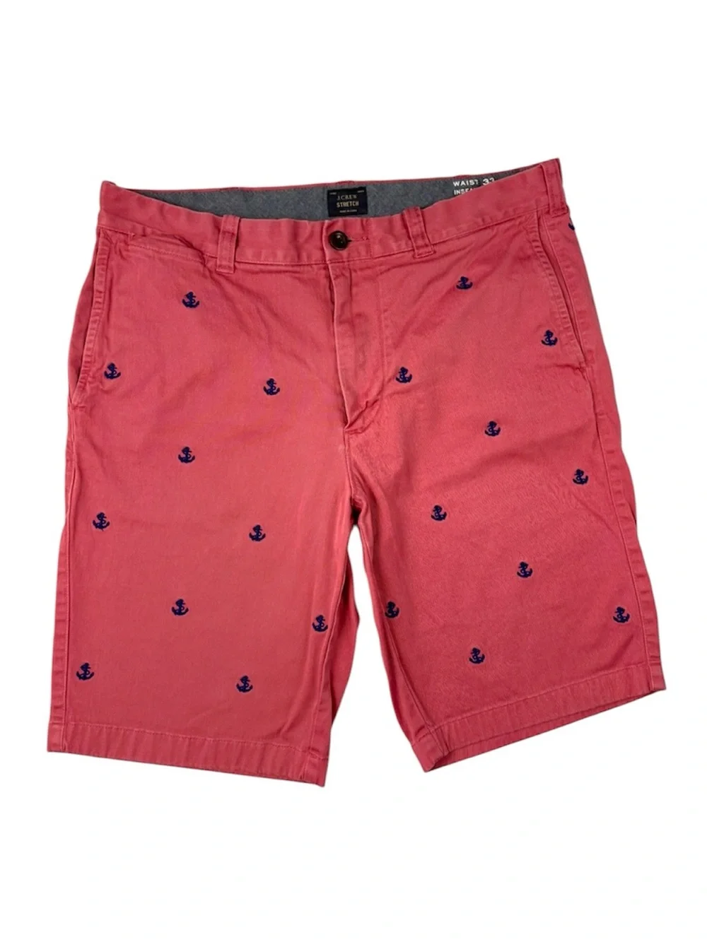J.Crew Men’s Salmon Stretch Chino Anchor Embroidered Shorts Nautical Preppy (33)
